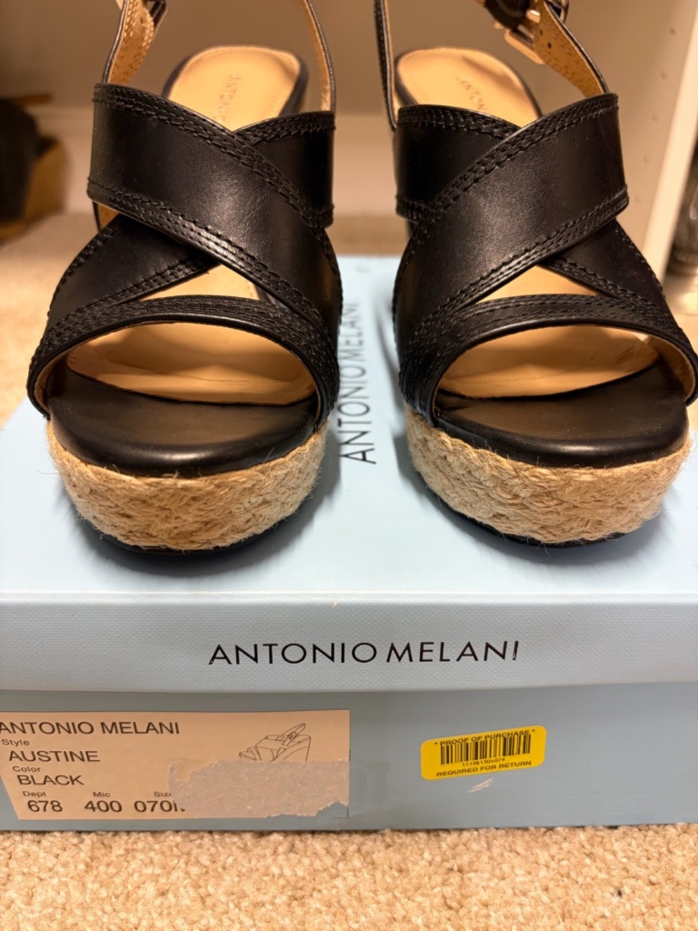 ANTONIO MELANI Black Leather Crisscross Espadrille Wedges